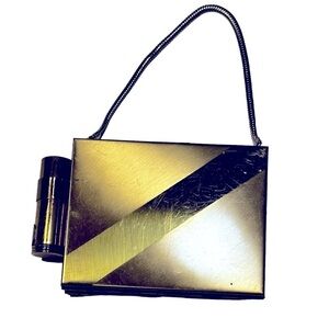 Vintage Brass Powder, Lipstick, Comb Combo Compact / Purse with Snake Chain